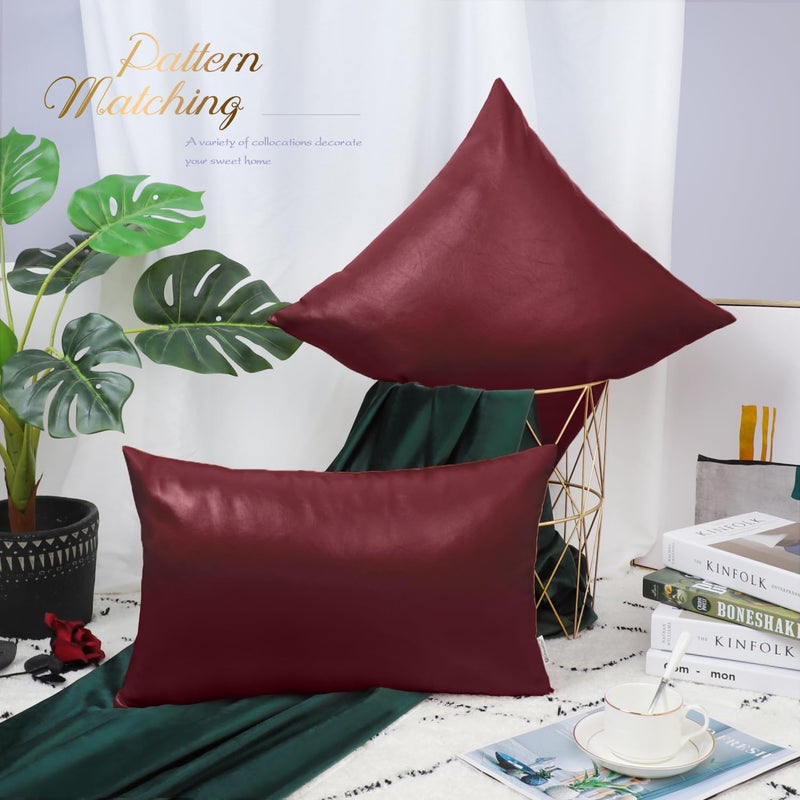 BRAWARM Faux Leather Throw Pillow Covers 20 X 20 Inches - Burgundy Leather Pilow Covers Pack of 2, Solid Dyed Leather Pillowcases for Couch Bed Sofa Garden Home Decorative - Image 3